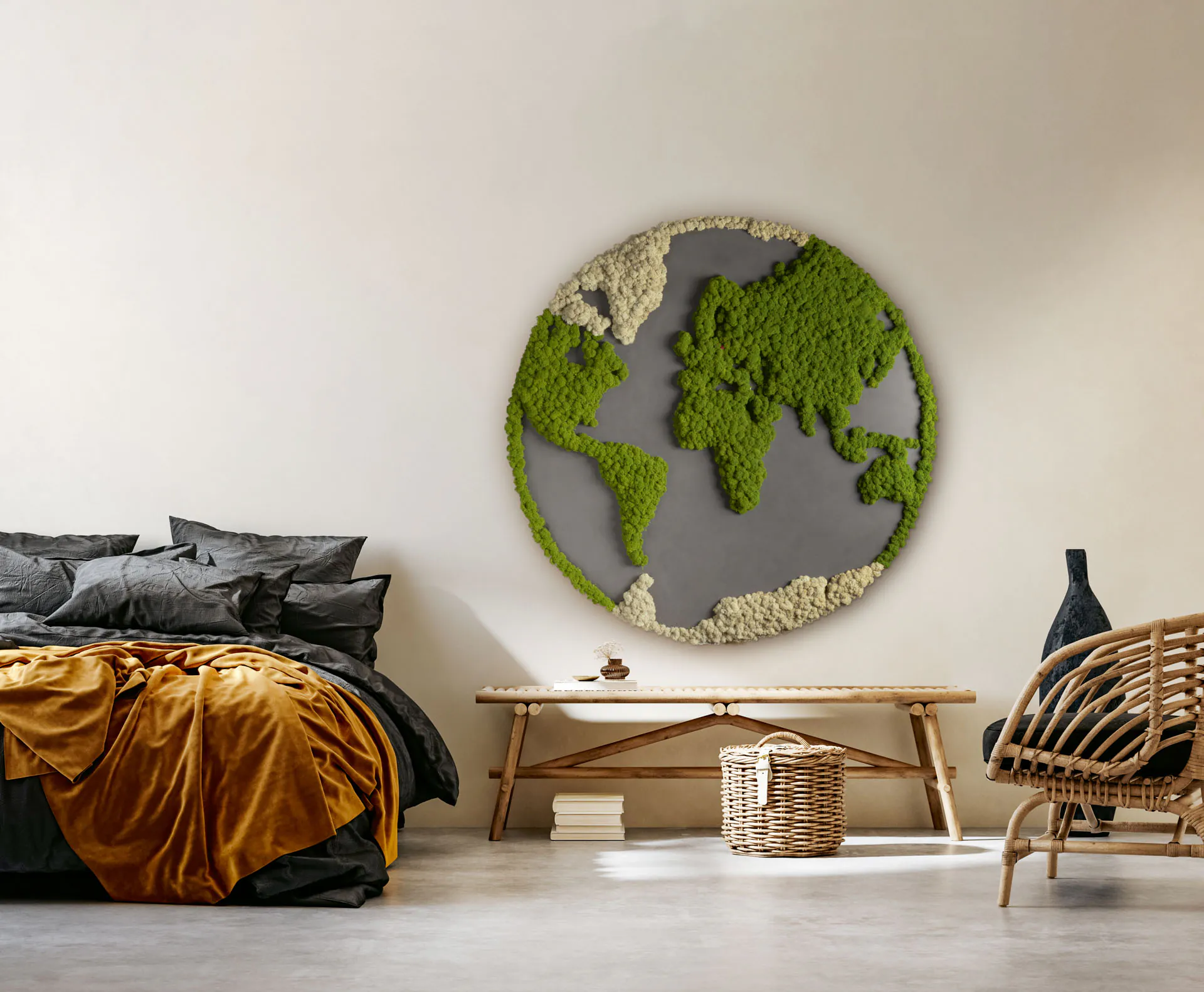 Moosbild mit Weltkarten-Motiv aus Moos als Wanddekoration