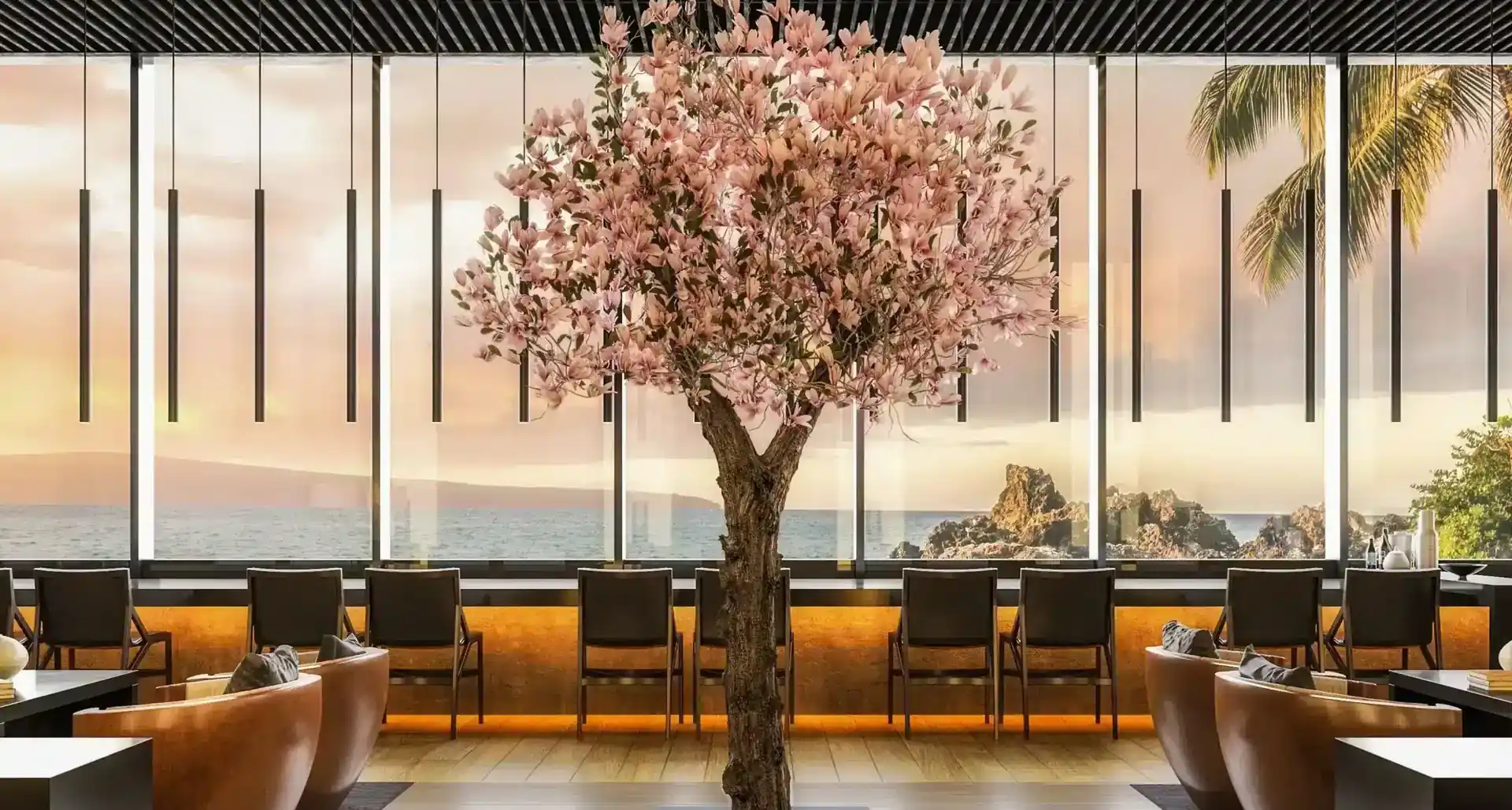 Künstlicher Kirschblütenbaum XXL im Restaurant — Blütenbaum der ArtTree Special-Linie